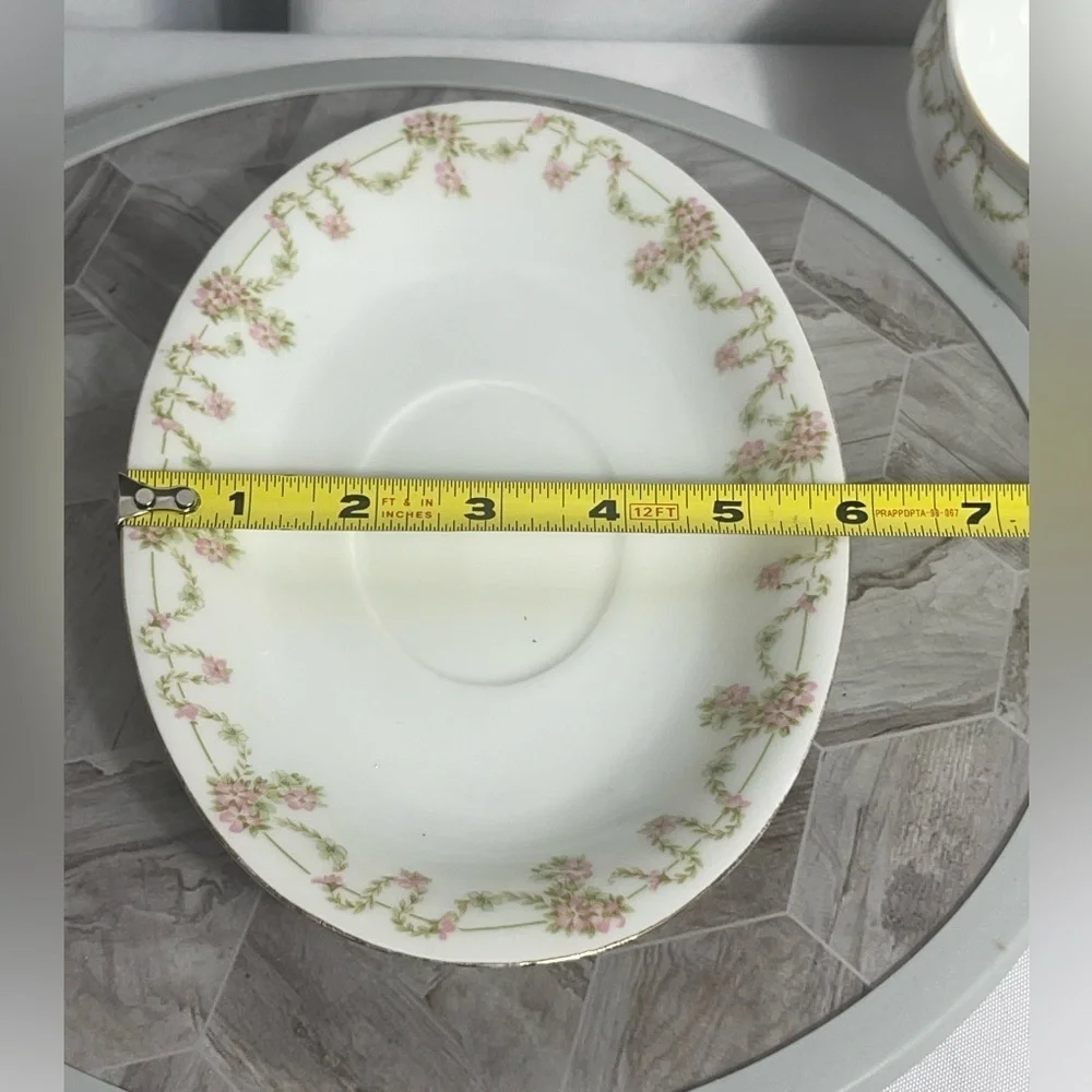 Bavaria Elegant White Delicate Pink Floral Green Garland Gravy Boat with Saucer